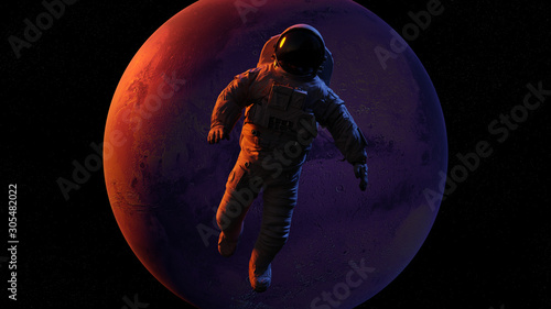 astronaut waving during a space walk in orbit of planet Mars (3d render)