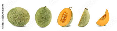 Set of some sugary cantaloupe melons in a cross-section, isolated on white background with copy space for text or images. Side view. Close-up shot.
