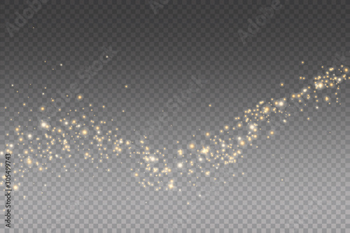 Vector golden sparkling falling star. Stardust trail. Cosmic glittering wave.