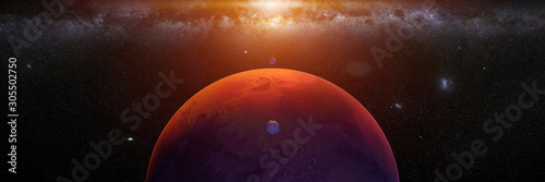 planet Mars with monns Phobos and Deimos, sunrise on the red planet