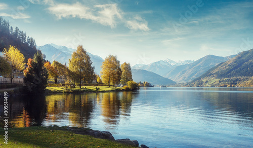 Impressively beautiful Fairy-tale mountain lake in Austrian Alps.