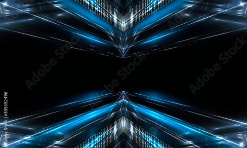 Background of empty stage show. Neon light and laser show. Laser futuristic shapes on a dark background. Abstract dark background. Wet asphalt, reflection.