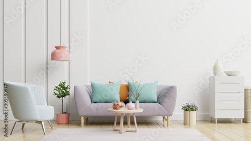 Bright and cozy modern living room interior have sofa and lamp with white wall background.