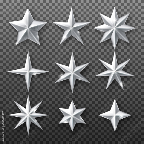 Silver star set isolated on transparent background. Vector realistic decoration