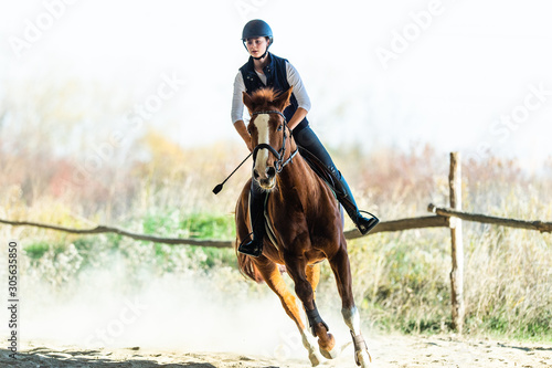 Young pretty girl riding a horse in autumn