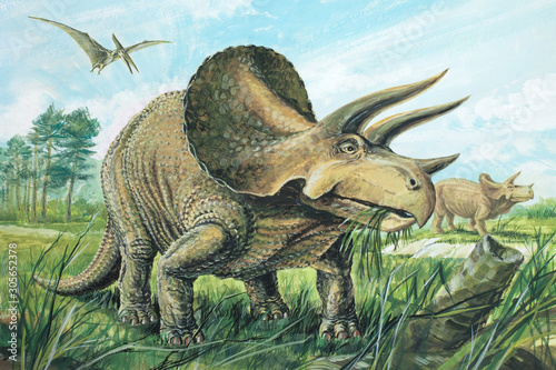 TRICERATOPS. A plant-eater. The largest of the horned dinosaurs. About 20ft (6m) long. Background: Pteranodon. Upper Cretaceous, about 70 million years ago. *No. 8 in a series of eight.* 
