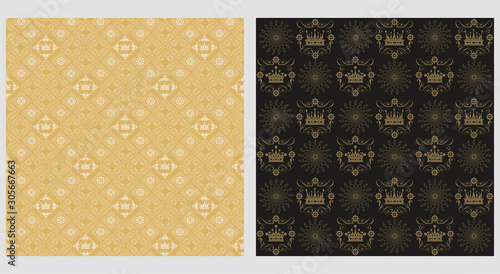 Background patterns in retro style. Seamless vector backgrounds. Wallpaper texture. Colors image: white, gold, black. Ornate graphic design. Graphic royal pattern.