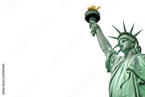 Close up photo of the Statue of Liberty in New York, USA. Isolated on white background with copy space