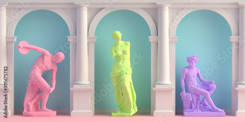 3d-illustration of interior with antique statues Discobolus, Venus, Mercury