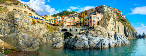 View of Manarola town on rocky coast at famous Cinque Terre National Park. Liguria, Italy