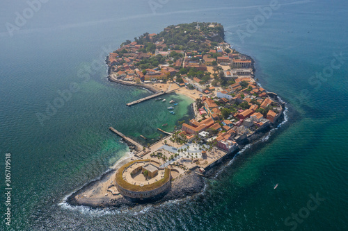 Aerial view of Goree Island. Gorée. Dakar, Senegal. Africa. Photo made by drone from above. UNESCO World Heritage Site.