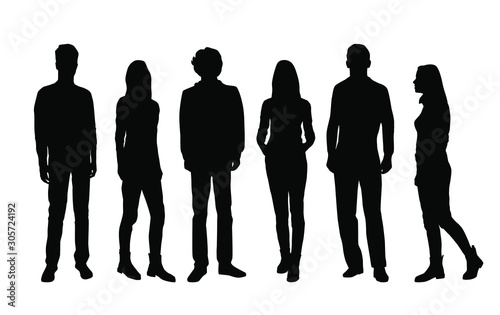 Vector silhouettes of men and a women, a group of standing and walking business people, black color isolated on white background
