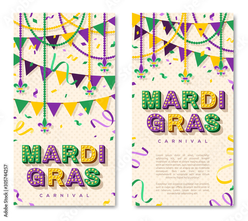 Mardi Gras vertical banner with typography design. Vector illustration with retro light bulbs font, streamers, confetti and hanging garlands