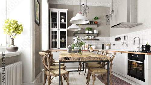 Scandinavian contemporary style kitchen with eating area and simplistic accents. 3d rendering