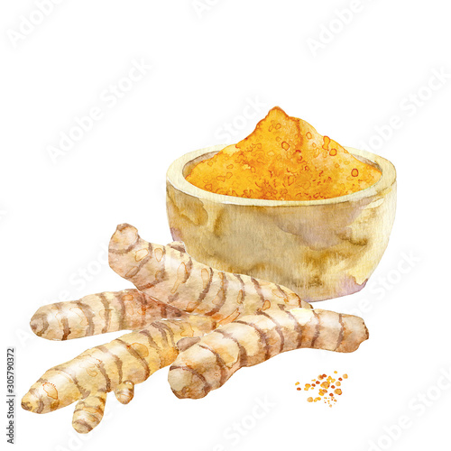 Watercolor turmeric powder in a cup and curcuma roots.