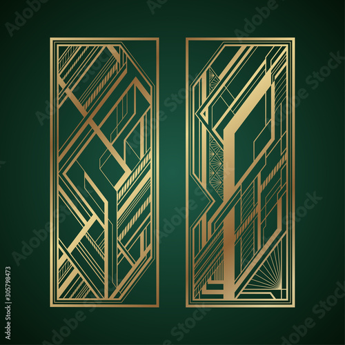 Gold art deco panels on dark green background