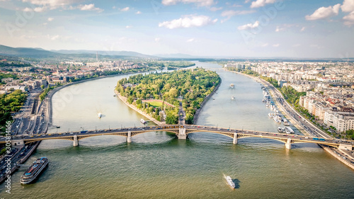 Aerial photo shows the Margaret Island and the Margaret Bridge in Budapest, Hungary