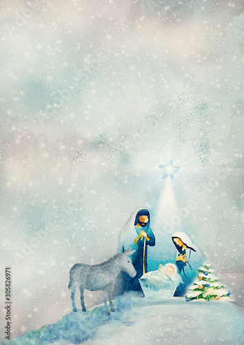 Nativity scene. Merry Christmas watercolor background