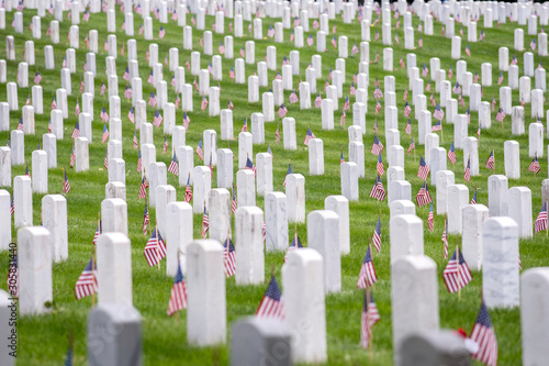 Seemingly endless field of graves, each with a small U.S. flag, on Memorial Day 2018, Arlington National Cemetery, Arlington, VA.
