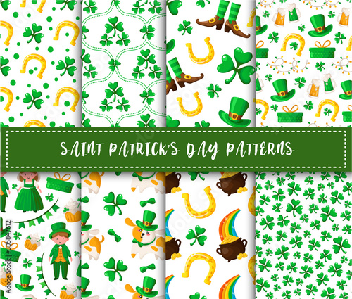 Saint Patrick day seamless pattern set kawaii cartoon boy and girl, shamrock, cute dog in hat, flags, garland, sweet cake, coins, horseshoe, gift box - holiday vector background for wrapping, textile