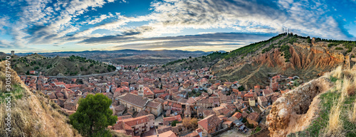 Sunset over Daroca antique village with tile roofs, gigapan