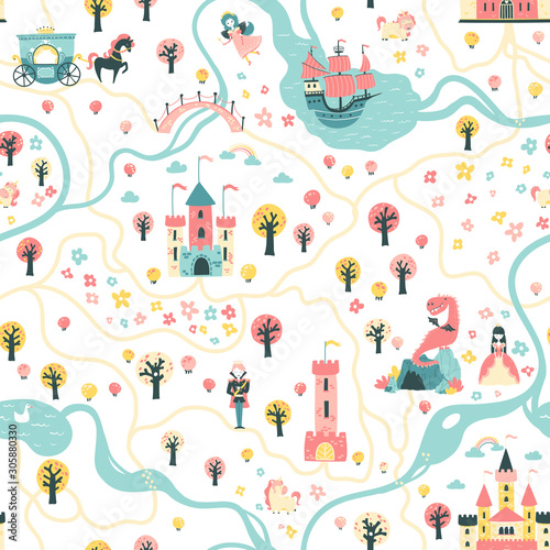Seamless card pattern with prince and princess, unicorns and fairies, ship, river, castles, towers, dragon cave, carriage. Illustration in a children's cartoon scandinavian style ideal for textiles