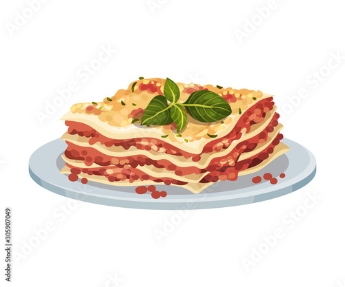 Italian Lasagna Dish Served On Plate With Sauce and Basil On Top Vector Illustration