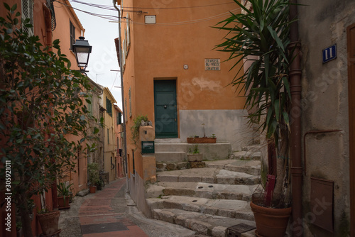 Streets of the French city of Menton on a cloudy day