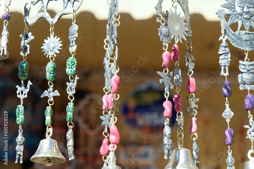 Hanging jewelry Ollantaytambo Peru, pink and green