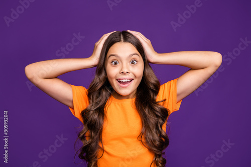 Close-up portrait of her she nice attractive charming lovely stunned cheerful wavy-haired girl wow great cool news isolated over bright vivid shine vibrant lilac purple violet color background