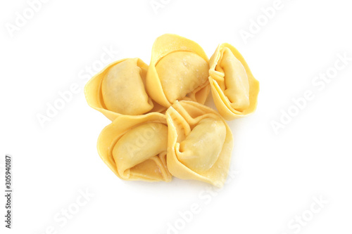 Raw fresh tortellini pasta isolated on white background