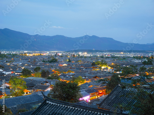 View of historic rooftops in the old town of Lijiang