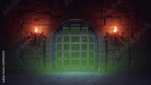 Concept art prison in dark medieval dungeon with stone walls, large metal jail door and burning torches. Cartoon game location prison cell interior with green poisonous gas and skulls. 3d illustration