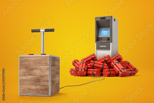 3d rendering of ATM machine and tnt dynamite sticks with detonator box on yellow background
