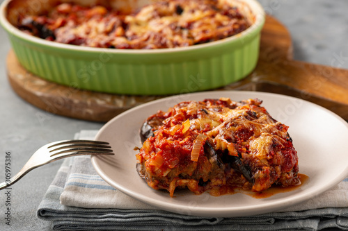 Eggplant casserole with tomato sauce and cheese, mediterranean cuisine.