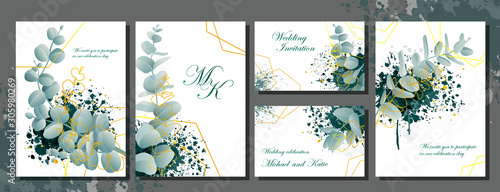 Wedding invitation stationery set with flowers and ornamental green leaves with decorative text over white, vector illustration