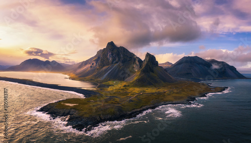 Aerial View of the Eystrahorn with Krossanesfjall Mountain in Iceland at sunset