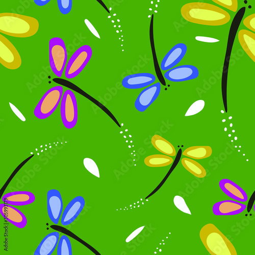 Seamless vector pattern with dragonflies. Simple green wallpaper design.