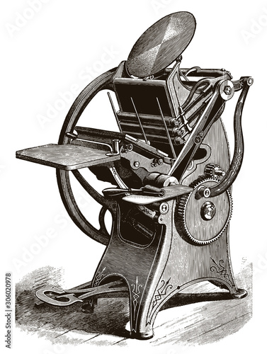 Historical platen printing press in three quarter view after an engraving from the 19th century