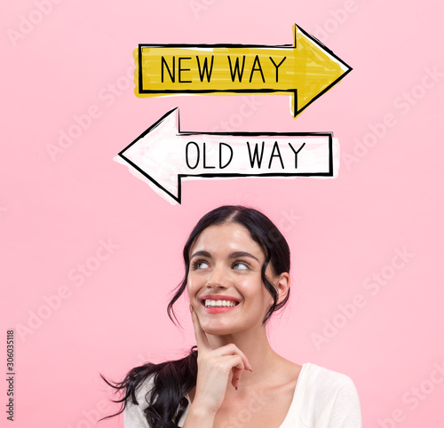 Old way or new way with young woman in thoughtful pose