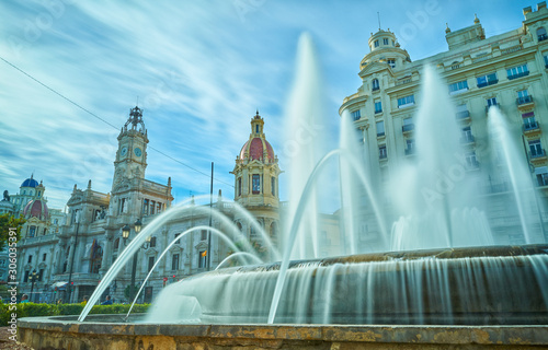 Fountain of the Town Hall Square in Valencia, Spain.
