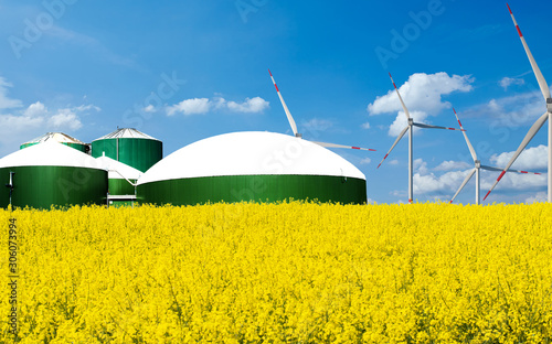 Biogas Anlage steht hinter einem Rapsfeld bei blauem Himmel