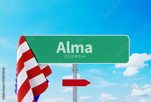 Alma – Georgia. Road or Town Sign. Flag of the united states. Blue Sky. Red arrow shows the direction in the city. 3d rendering