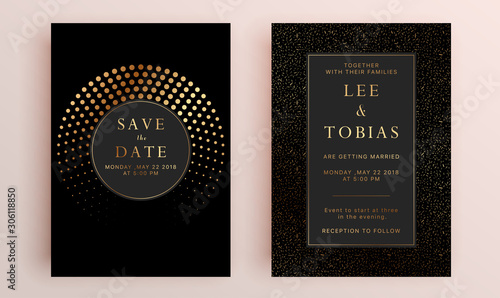 Beautiful set of wedding card templates. Gold collection of geometrical polyhedron, art deco style for wedding invitation, luxury templates, decorative patterns.