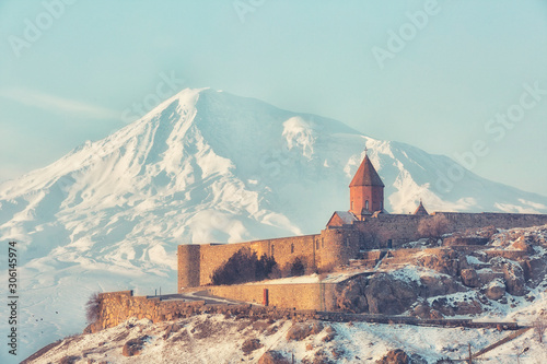 Ancient Armenian church Khor Virap with Ararat close up, Armenia