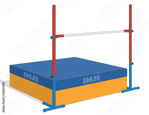 high jump bar on standards and crash mat isolated on a white background