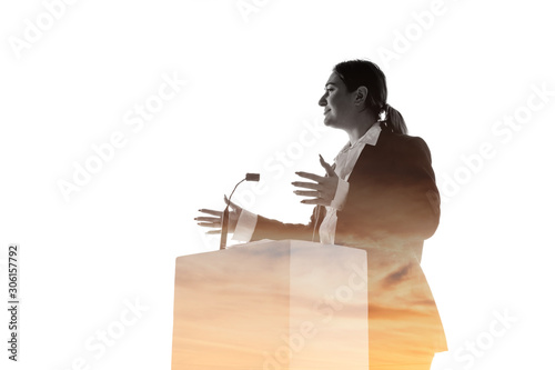 Dialog. Speaker, coach or chairwoman during politician speech isolated on white background. Double exposure - truth and lies. Business training, speaking, promises, economical and financial relations.