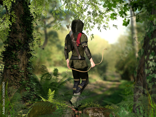 A hooded hunter with bow and arrows walks through a forest