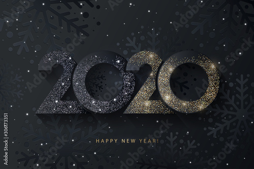 Happy New Year 2020 beautiful sparkling design of numbers on black background with texture of black snowflakes and shining falling snow. Trendy modern winter banner, poster or greeting card template
