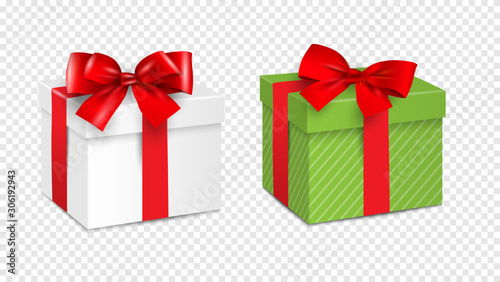 Gift white box and Green gift box with red ribbon isolated on transparent background